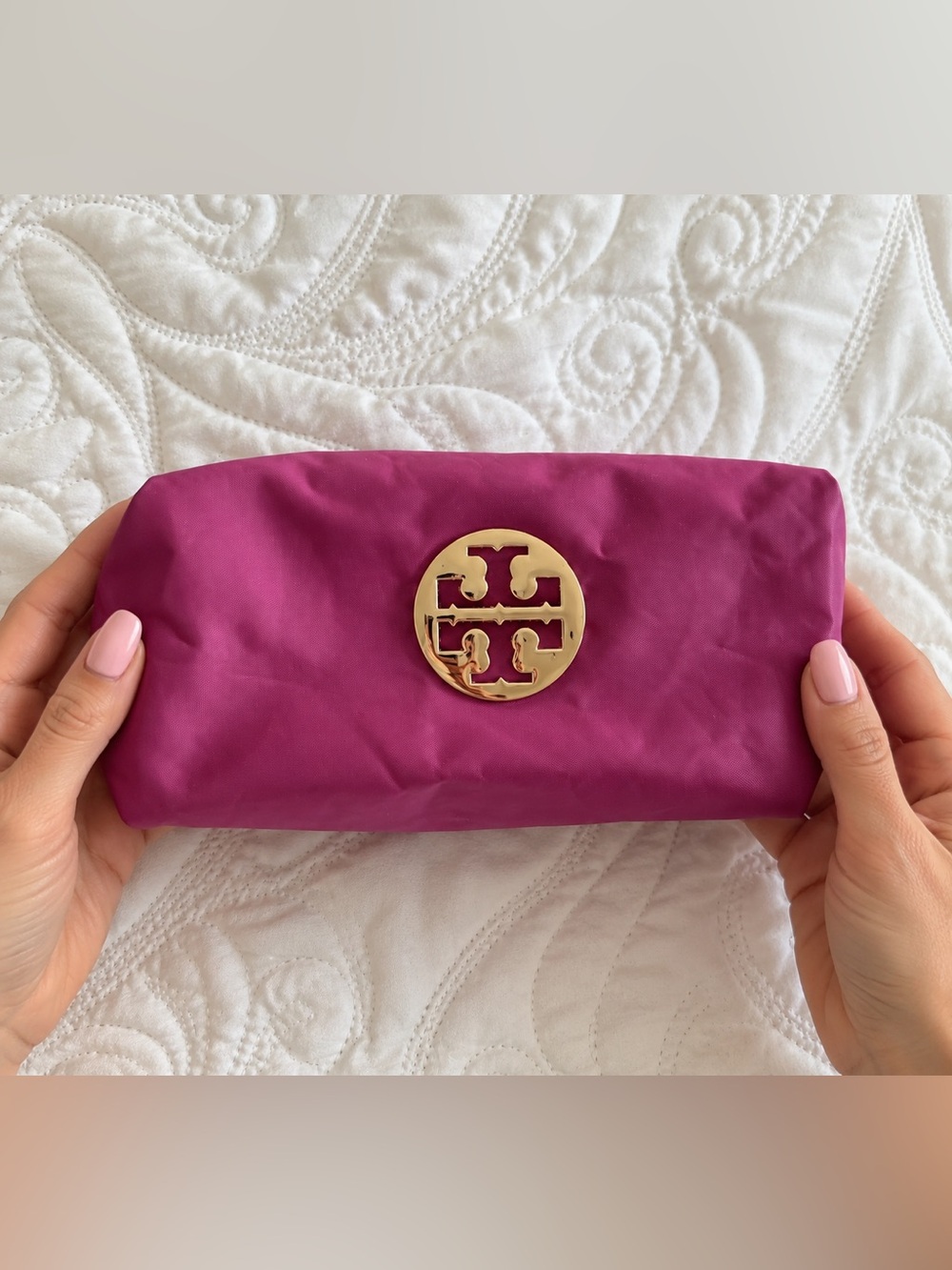 Tory Burch Magenta Logo Clutch with Gold Emblem beauty makeup bag
